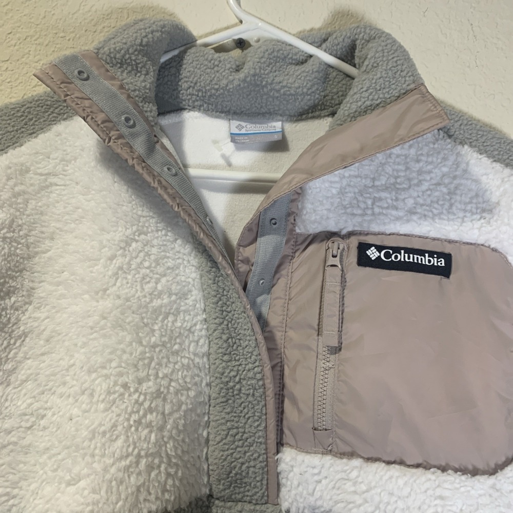 Columbia Womens Sherpa 1/4 Snap Crop Fleece Pullover Tan White Soft Warm Small - Picture 4 of 8
